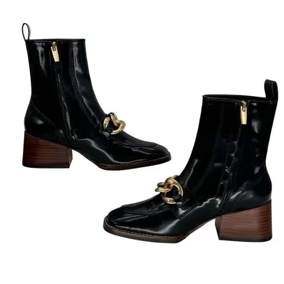 Steve Madden Womens Loreen Chunky Chained Bootie 6.5 Black Faux Patent Leather - Picture 4 of 11